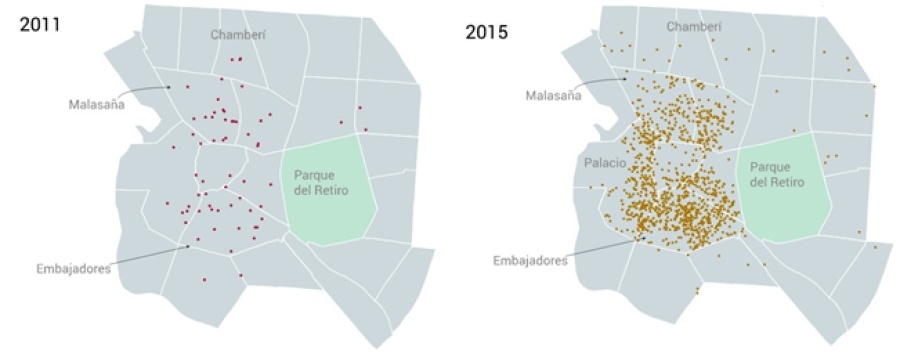 Evolución de los pisos ofertados en Airbnb de 2011 a 2015 en Madrid - Fuente: InsideAirbnb - El Confidencial