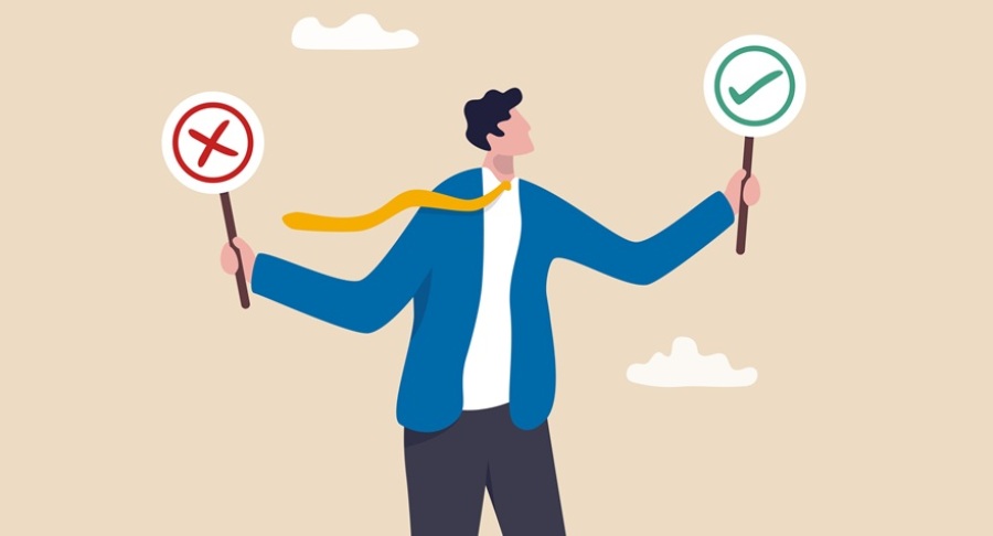Illustration of businessman holding paddles representing right (green check mark) or wrong (red x) in hands while making decision.