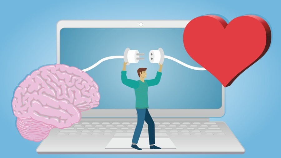 Illustration of guy standing on a laptop computer connecting a brain plug and a heart plug. Concept of connecting empathic and logical thinking.