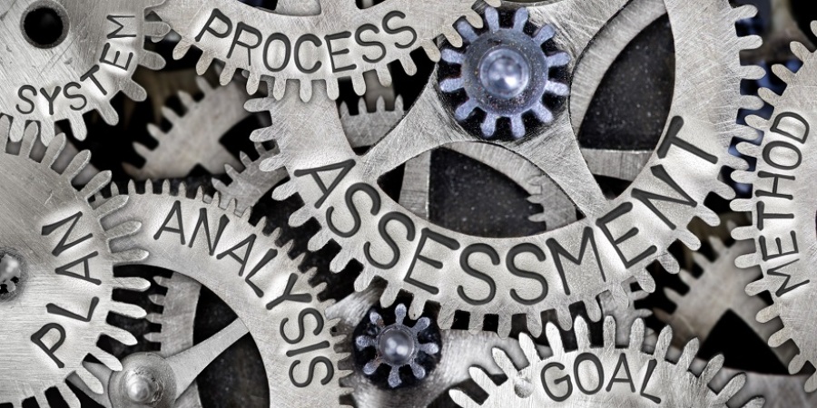 Gears with the following words on them: system, plan, process, analysis, assessment, goal and method.