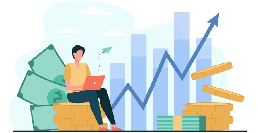 Person sitting down working on laptop with financial graph background.