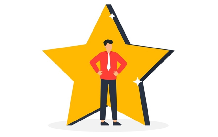 Illustration of a male worker wearing a red shirt, white tie, black pants and black shoes standing in front of a gold star.