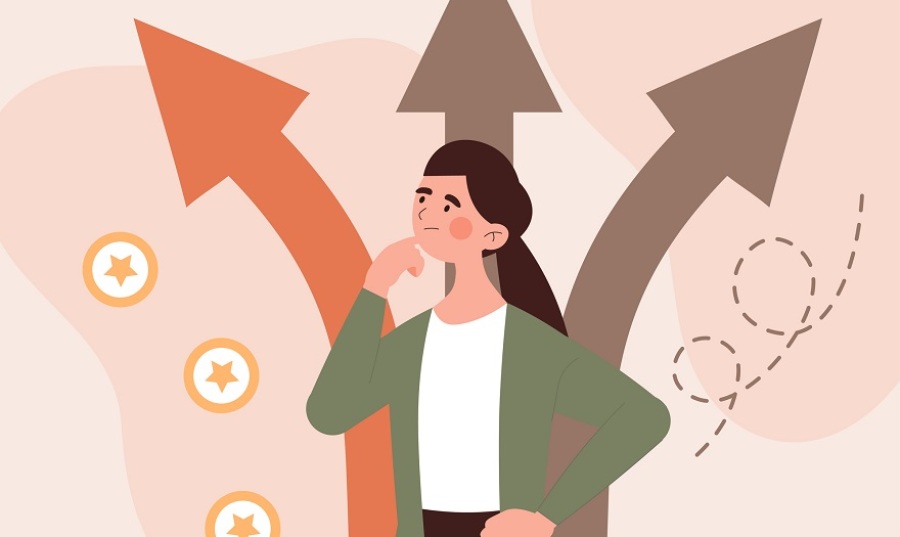 Woman thinking in front of three arrows.