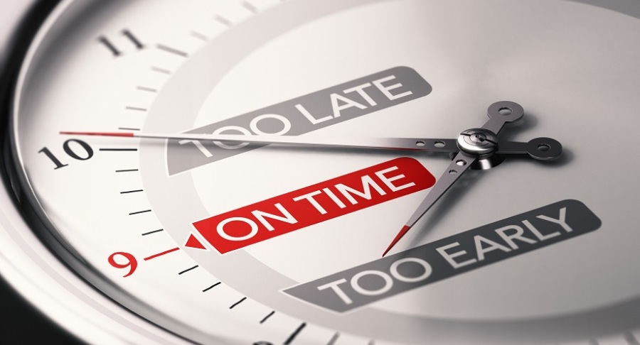 Close up on a conceptual clock with the text too early, too late, and on time. Concept of timing and choosing the right moment.