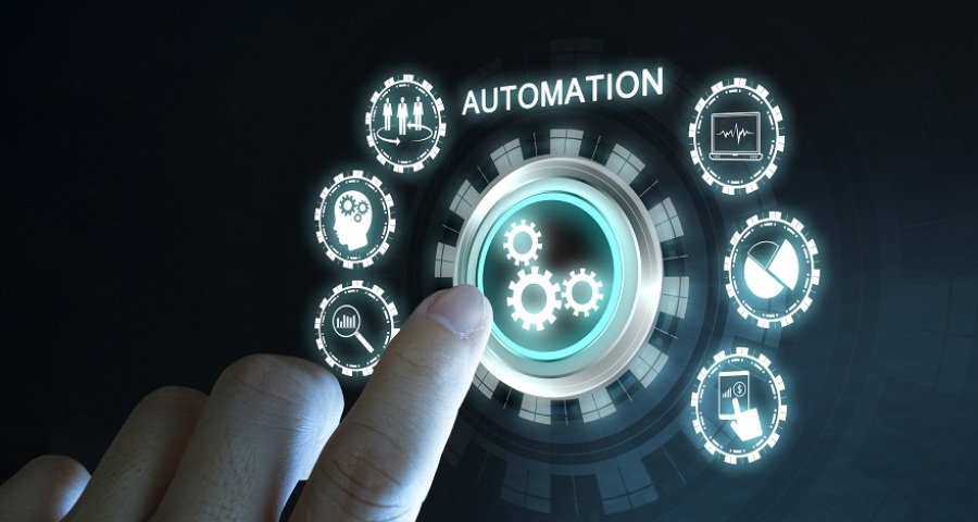 Automation software technology process system concept with a hand touching an automation button.