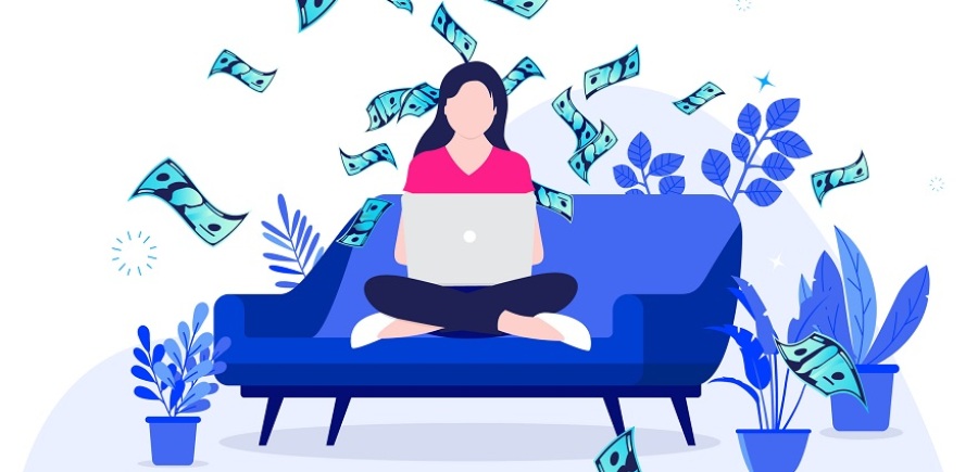 Female person sitting on sofa working on laptop computer with dollar bills raining down in background.
