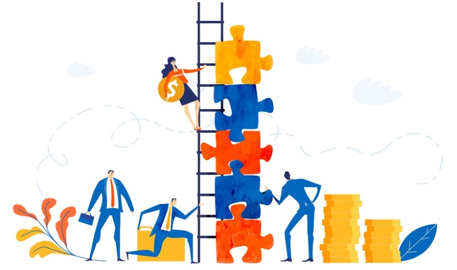 Business people helping each other put puzzle pieces together. Concept of solving problems, business support, finding solutions.