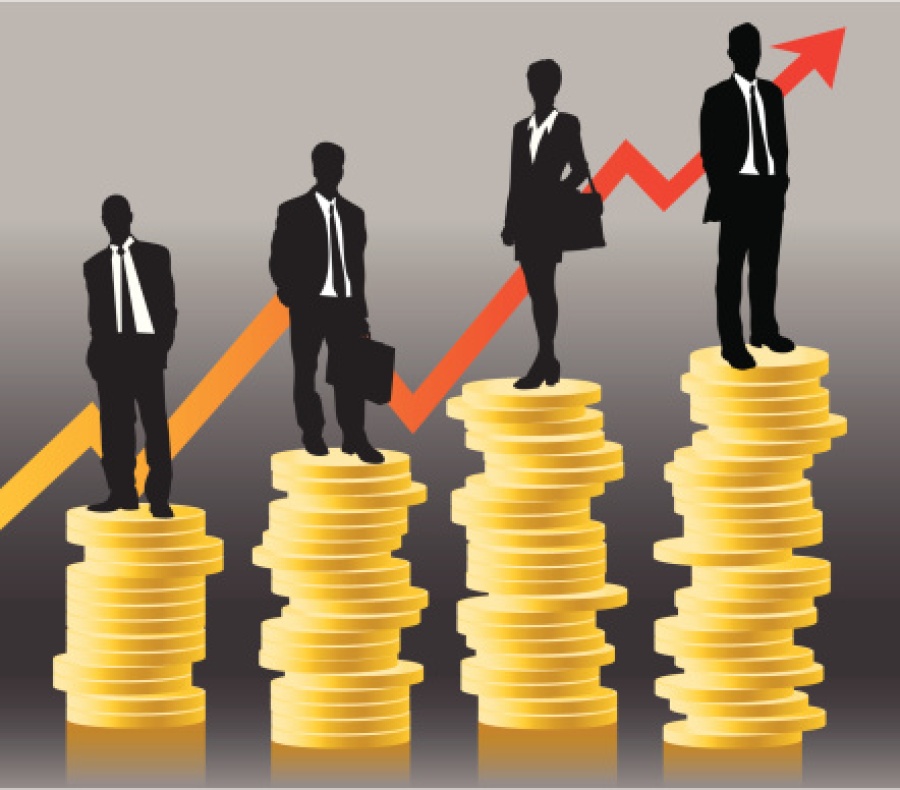 Four People Standing on Money Piles with Upward Graph