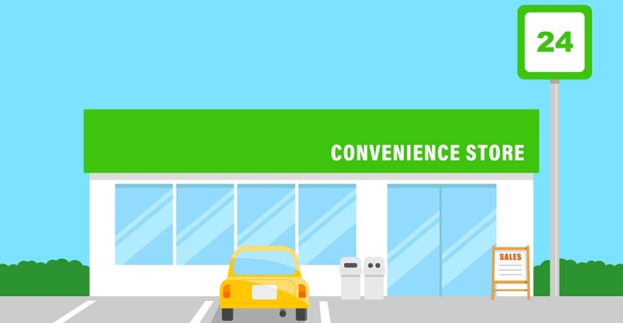 Digital illustration of a convenience store with a car out front. A sign with the number 24 is on the right side.