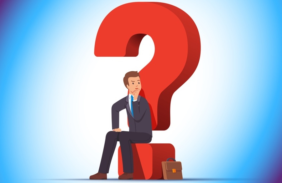 Hard choice concept. Illustration of businessman sitting on a big red question mark looking puzzled.