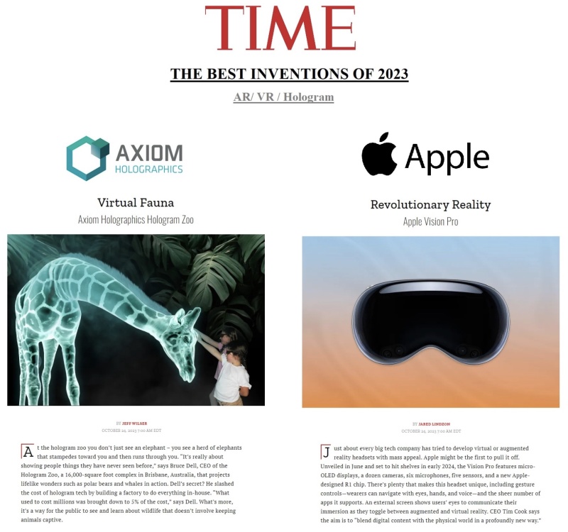 Axiom Holographics gets Time award - Best Investions of 2023