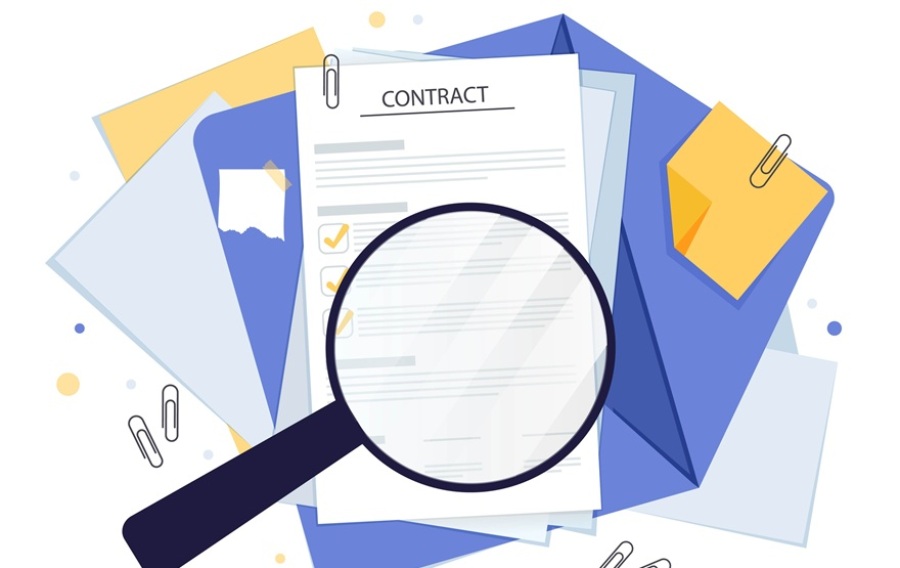 Contract review concept illustration. Image of a magnifying glass over a contract document.