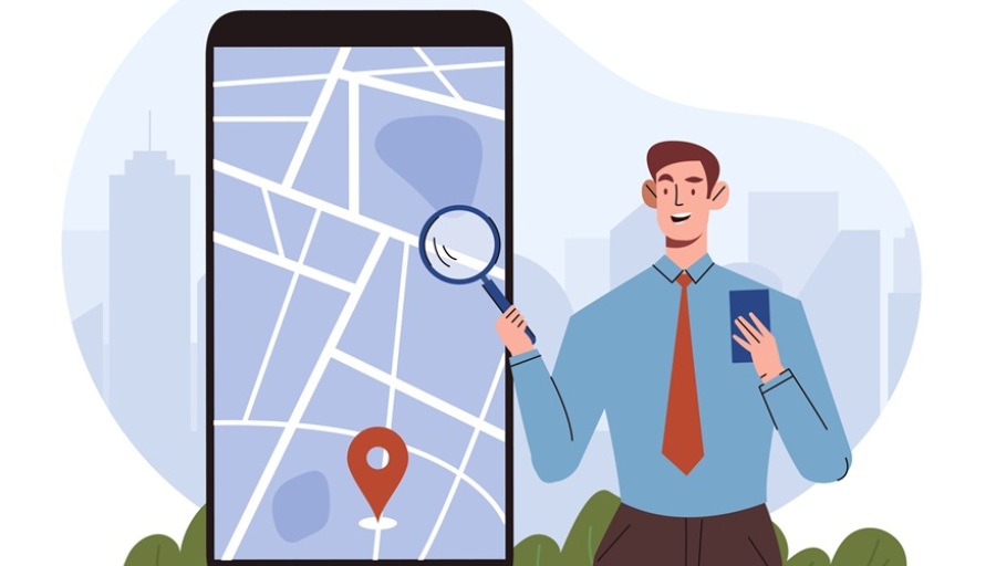 Illustration of businessman with mobile map. Young guy with magnifying glass over large mobile phone.