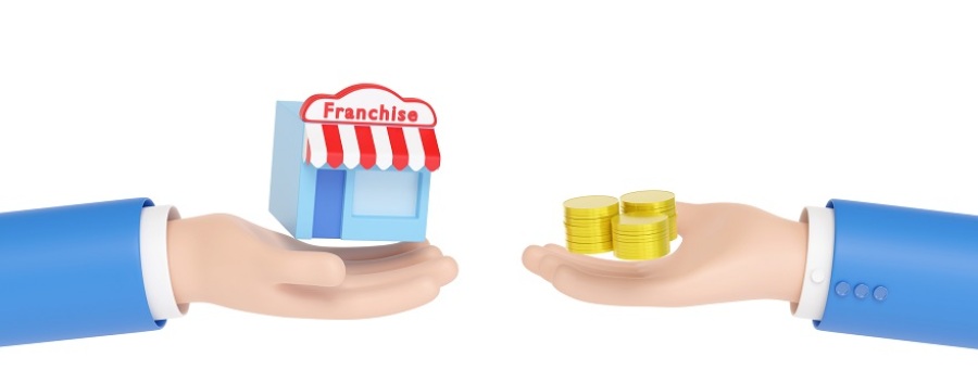 Cartoon hands exchanging franchise store and money.