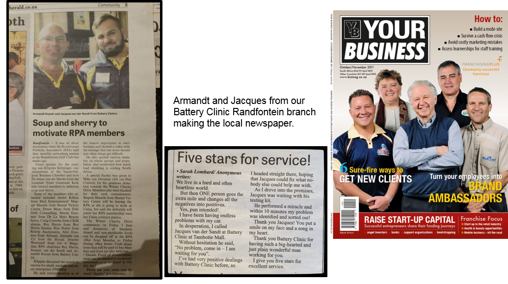Armandt and Jacques from our Battery Clinic Randfontein branch appeared in a number of local publications for their work with our franchise