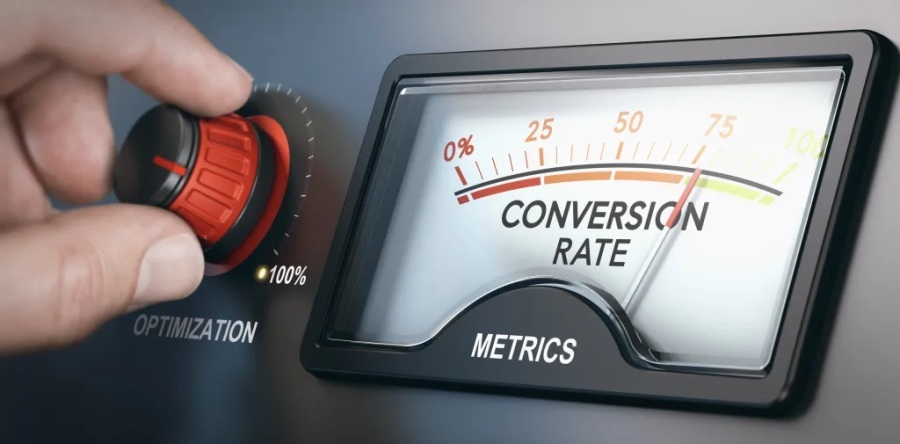 Image with a hand turning a dial labeled "optimization." The result changes the metric gauge on the right measuring "conversion rate."