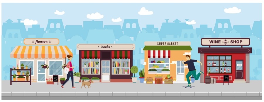 Illustration of a row of shops.