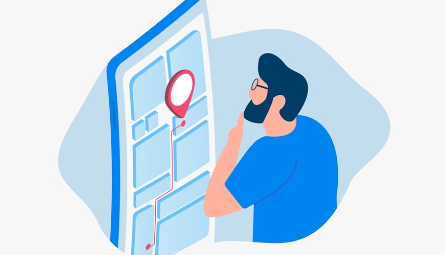 Illustration of man using location-based map search on smartphone.