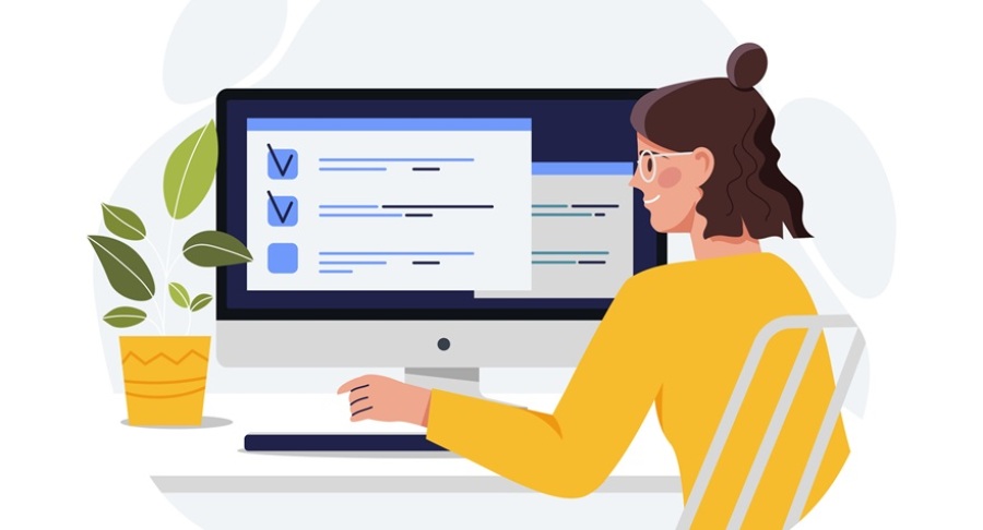Illustration of woman sitting at computer with a checklist on the screen.