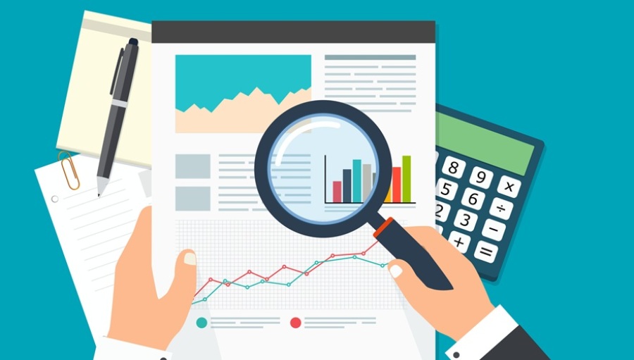 Illustration of a businessman with magnifying glass looking at financial reports.