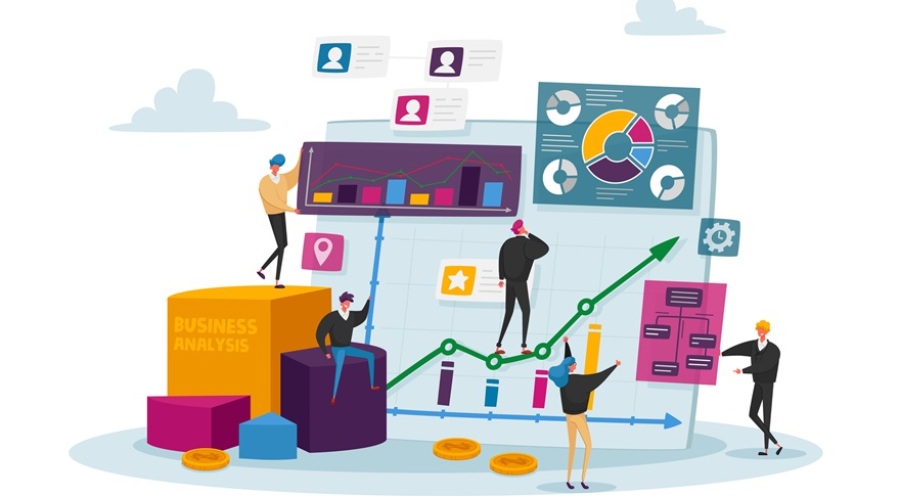 Illustration of people analyzing multiple kinds of charts and business information.