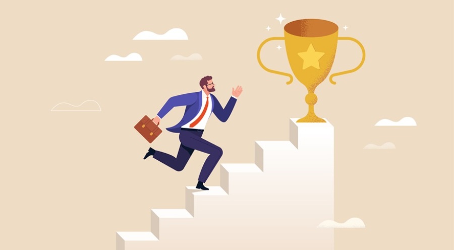 Illustration of a man in a business suit running up the stairs to a trophy.