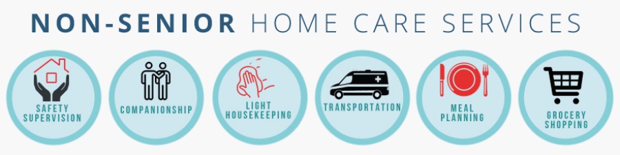 A short list, done with graphics, of common home care services done for non-seniors: safety supervision, companionship, light housekeeping, transportation, meal planning and grocery shopping.