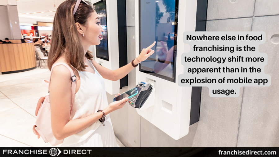 A young woman making an order in a fast food restaurant at the self-service kiosk in a mall while holding her cell phone in her right hand.