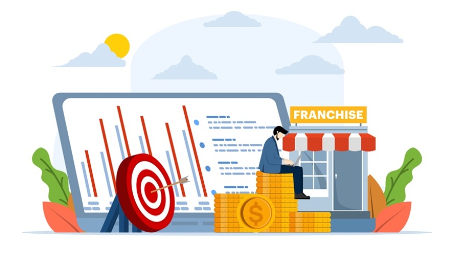Franchise strategy concept. Illustration of guy sitting on gold coins with a franchise and business graphs in the background.