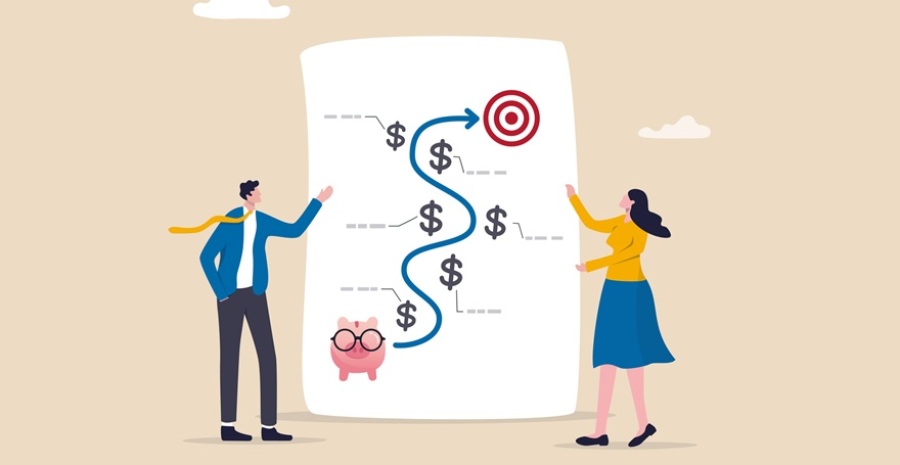 Illustration of financial planning concept. Man and women on either side of a large piece of paper with a piggy bank at one end and a target at the other and an arrow drawn between them.