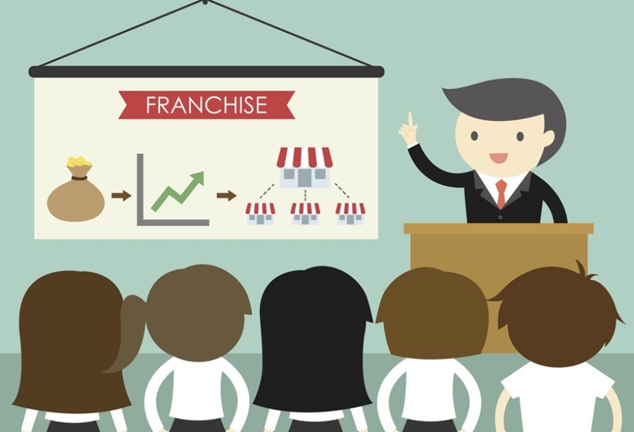 Illustration of businessman giving presentation about franchise business to a group of five.