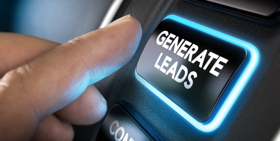 Person pressing a "Generate Leads" button. The button is outlined with blue neon.