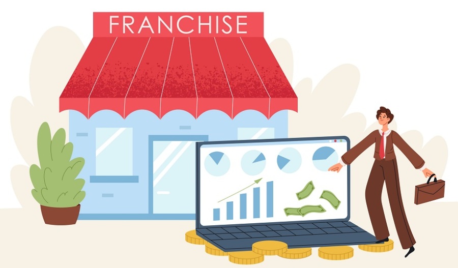 Illustration of person buying franchise with laptop screen showing financial projections and a franchise unit in the background.