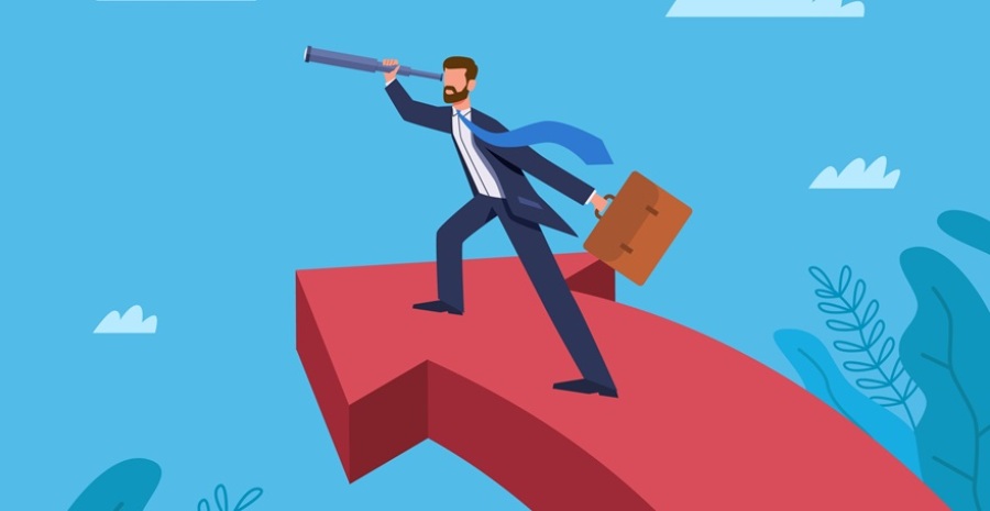 Illustration of businessman looking through telescope, standing on red arrow. Concept of business growth, career advancement.