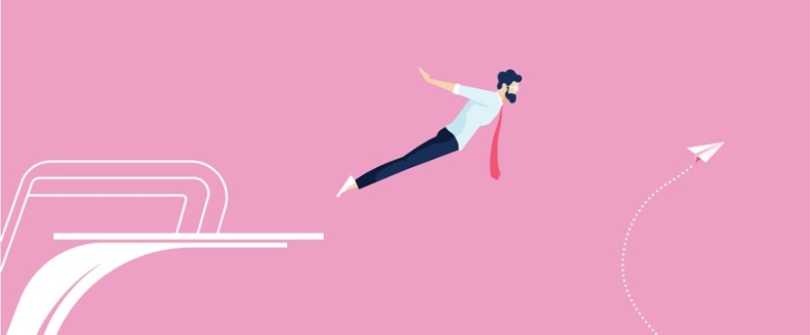 Illustration of a businessman diving off a diving platform.