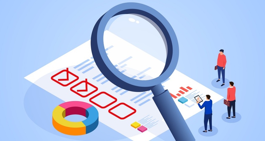 Illustration of a group of people examining oversized document with magnifying glass.