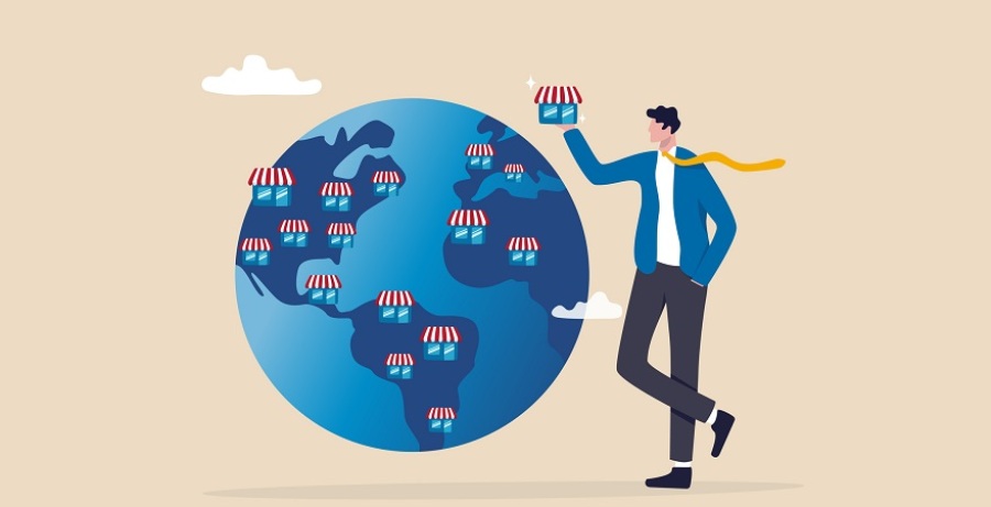 Illustration of worldwide franchise expansion concept.