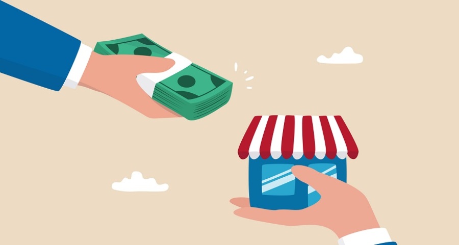 Illustration of two people making business exchange. Hand on left is holding stack of money and hand on right is holding a store model.