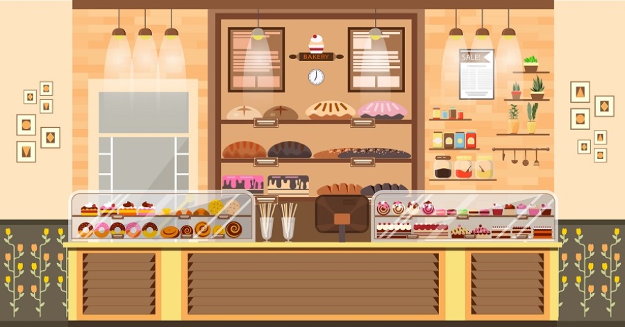 Interior illustration of a bake shop.