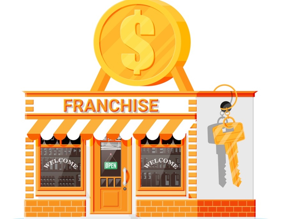 Gold toned franchise store with open sign in the window. A gold coin sits on top and there is a gold key attached.