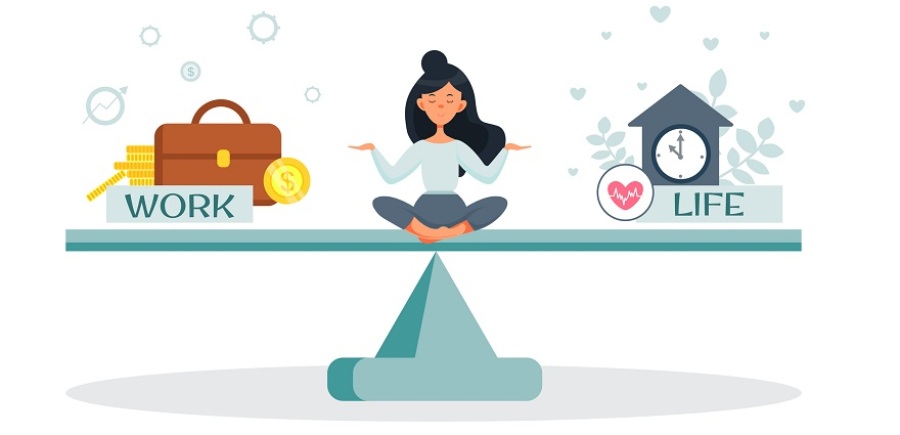 Vector illustration in cartoon style of a young woman on the middle of a scale balancing between work and life.