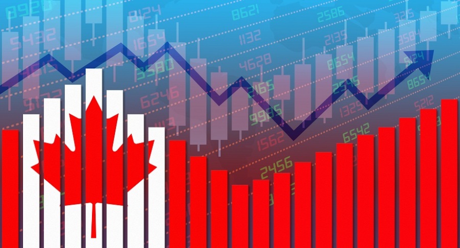 Canada flag on bar chart concept of economic trends.