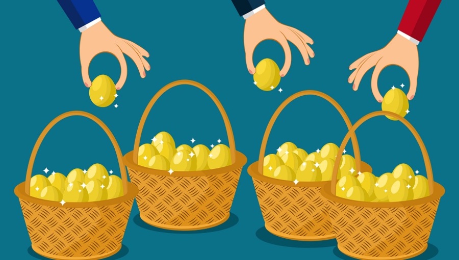 Illustration of businesspeople putting their eggs into multiple baskets.