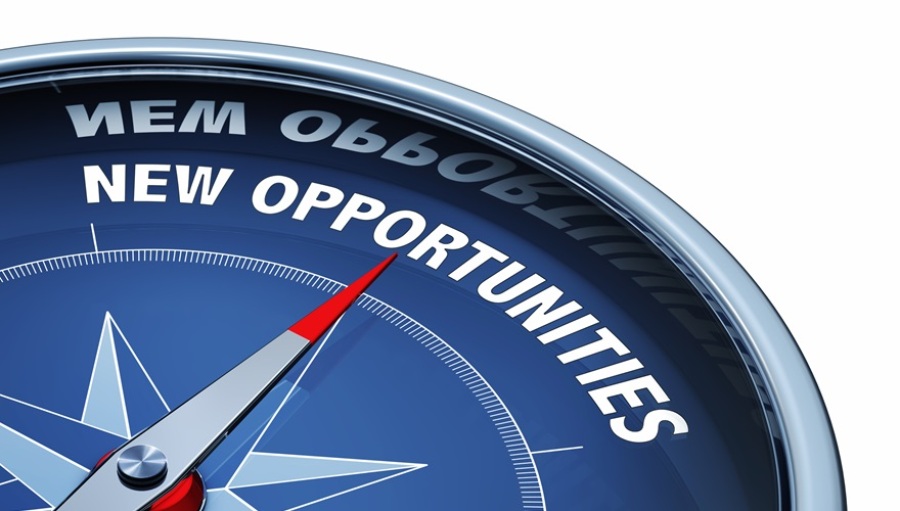 3D rendering of an compass with the words "new opportunities" on it.
