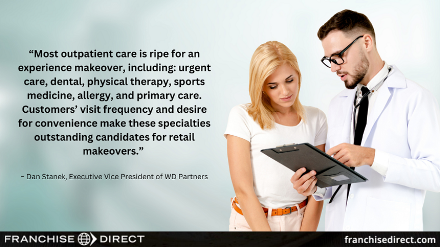Image of a male doctor speaking with a female patient. The quote to the left from Dan Stanek, EVP of WD Partners, says, "Most outpatient care is ripe for an experience makeover, including: urgent care, dental, physical therapy, sports medicine, allergy, and primary care. Customers’ visit frequency and desire for convenience make these specialties outstanding candidates for retail makeovers."